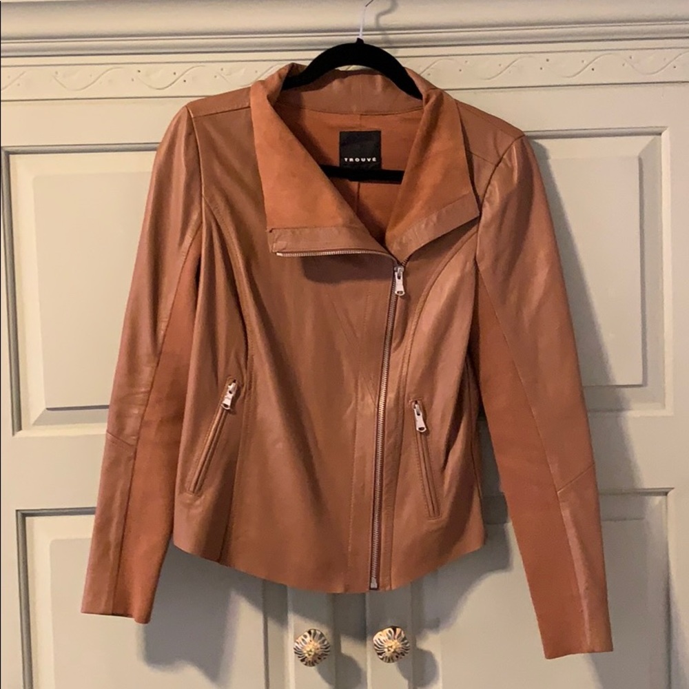 Trouve leather camel asymmetrical leather jacket